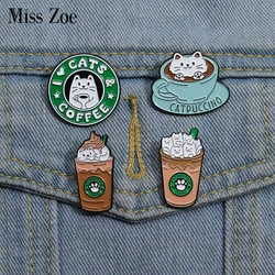 CATS COFFEE Enamel Pins Custom Cute Cat Brooches Lapel Badges Cartoon Animal Jewelry Gift for Kids Friends