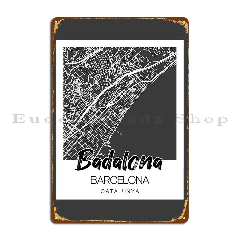 Badalona Barcelona: Elegante cartel de metal con mapa y tipografía, ideal para decoración de pared de pub o cueva, mural de diseño, cartel de hojalata.