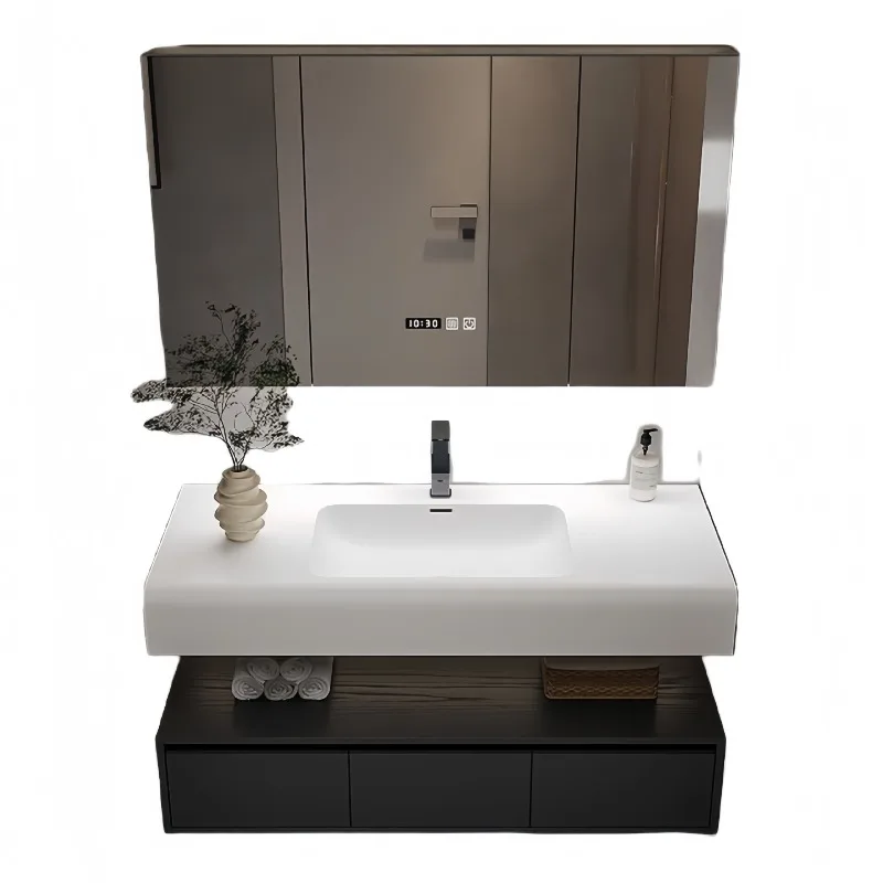

integrated basin, bathroom cabinet, combined bathroom, modern hotel style multi-layer solid wood paint-free cabinet