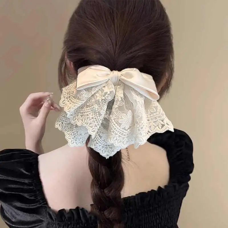 French Elegant Ballet Style Lace Satin Bow Ponytail Hair Clip, Gentle And Sweet Shark Clip Hair Ornament On The Back Of Head