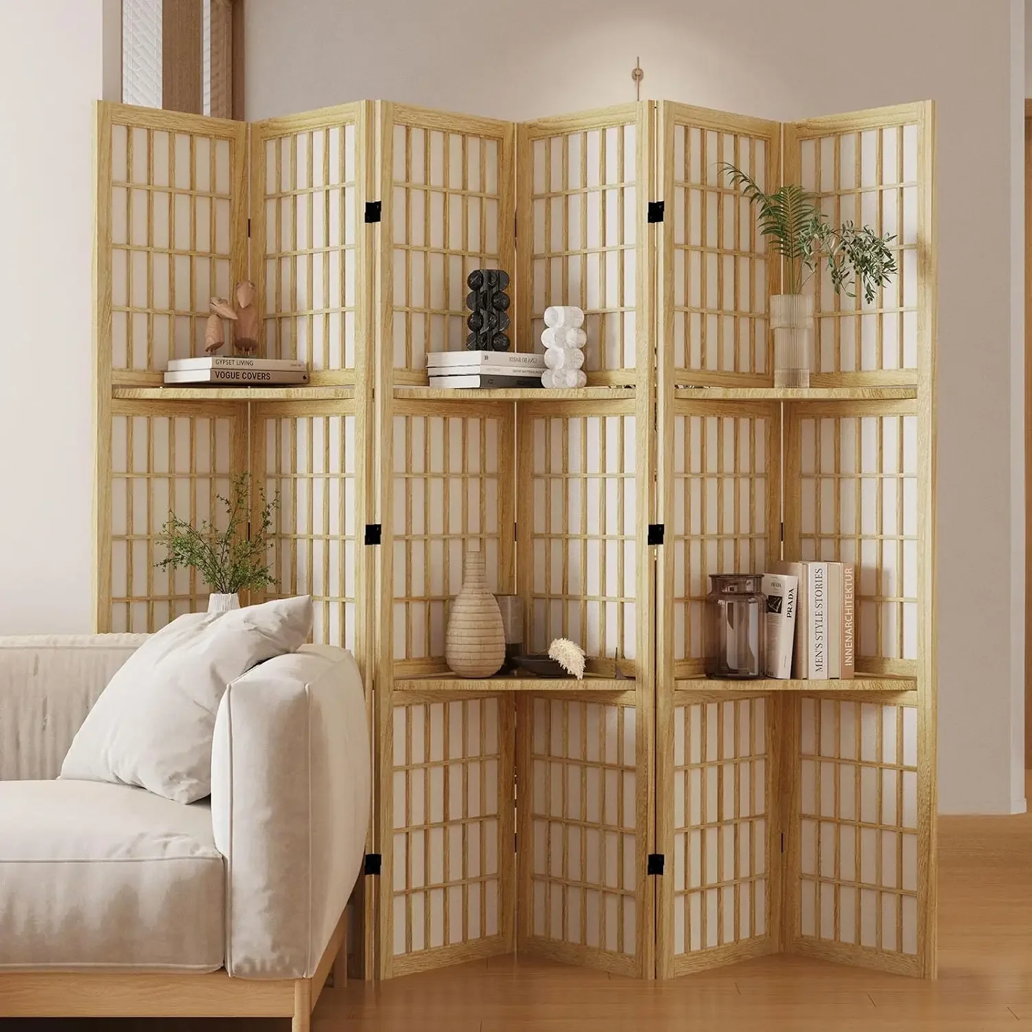 Room Divider with Shelves, 66.9-Inch Tall Japanese Shoji Style Wood Screen with Double Hinges for Home Office Bedroom Hotel Deco