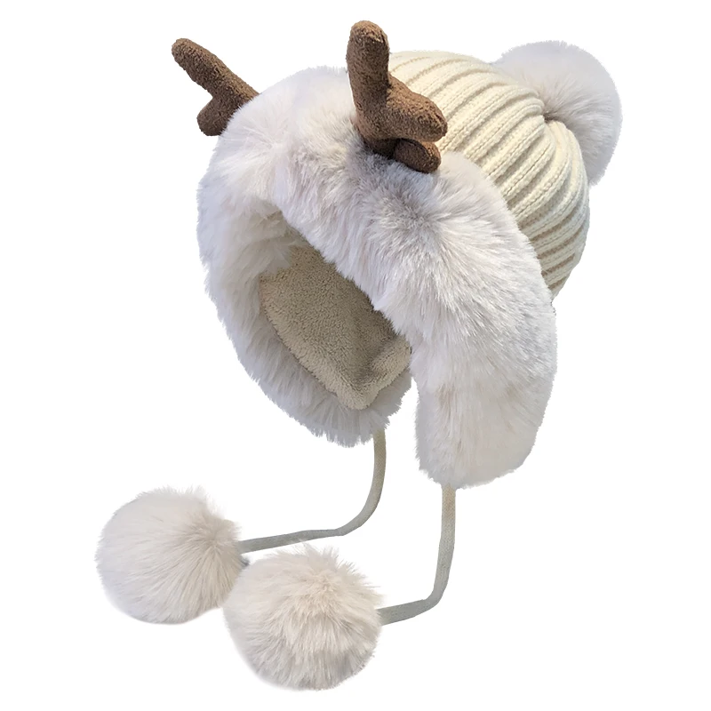 Christmas Chic Antler Hat Female Winter Cute Fur Ball Ushanka Fleece-lined