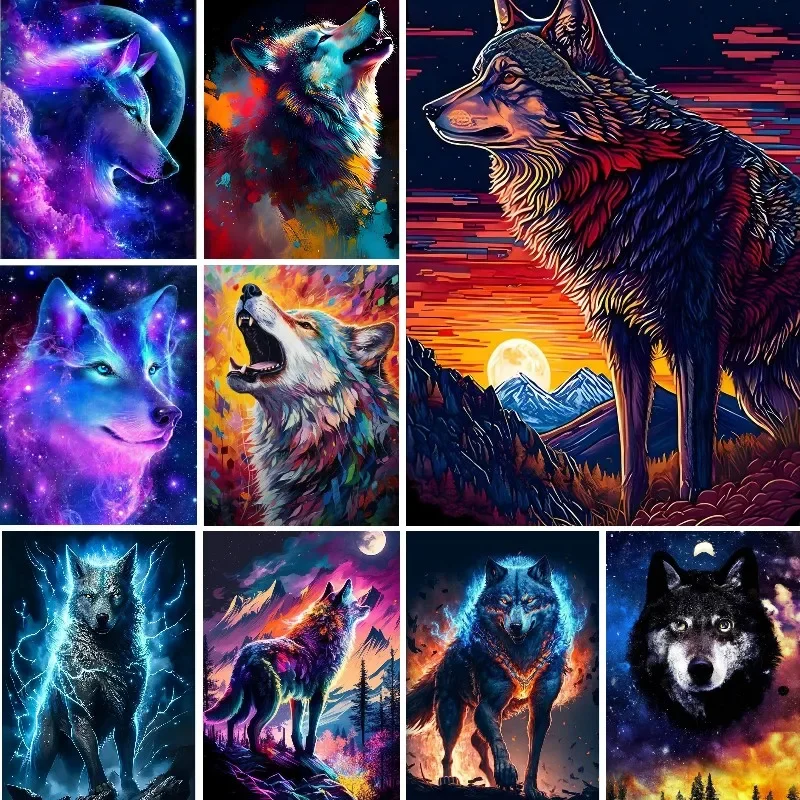 5D Diamond Painting,Colorful Stunning Wolf Screaming Gems Embroidery Paintings,DIY Needlecraft Dots Painting Kits for Adults