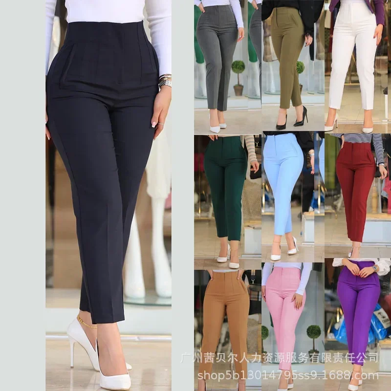 Women Pants Sheath Pencil Pants Zipper Fly Slim Fit Flat Office Lady Pockets High Waist Ankle Length Solid Autumn 2023 Sexy