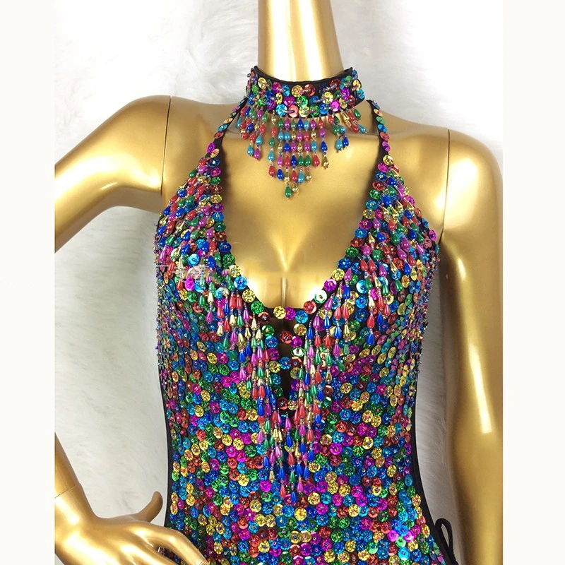 Costume de brevdu Ventre Latine pour Femme, Justaucorps Coloré, Maillot de Bain à Paillettes, Perlage de Batterie, Spectacle sur Scène, Tenue Sexy, 1 Pièce