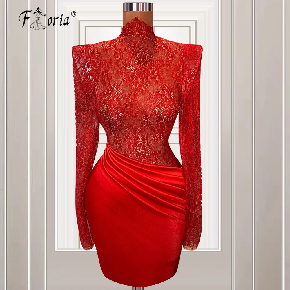 Minivestido de cóctel rojo modesto, cuello alto, mangas largas, Sexy, de satén de encaje, corto, para baile de graduación, boda, noche, ropa de fiesta, hecho a medida