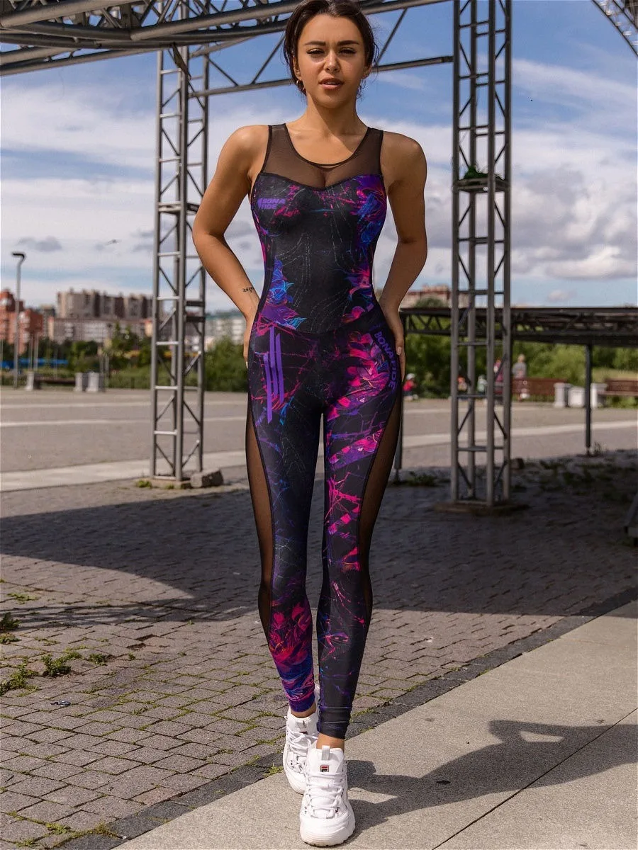 Oshoplive feminino galaxy outfits macacão bodycon activewear sexy sem costas malha split-joint recorte transparente roupas esportivas