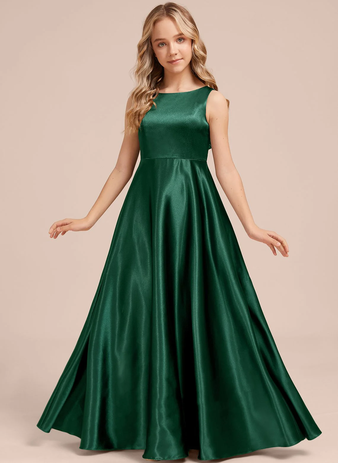 YZYmanualroom A-line Scoop Floor-Length Stretch Satin Junior Bridesmaid Dress/Customizable