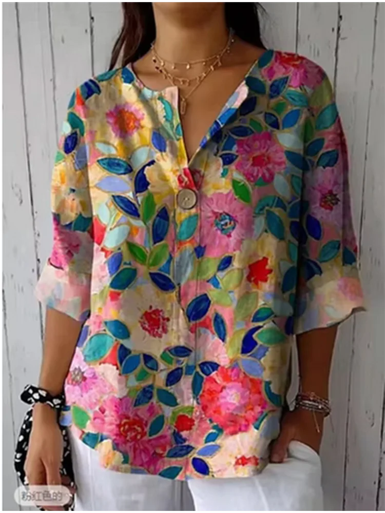 Summer Plant Printed Long Sleeved Shirt Women V-neck Button Up Top Fashion Casual T-Shirt