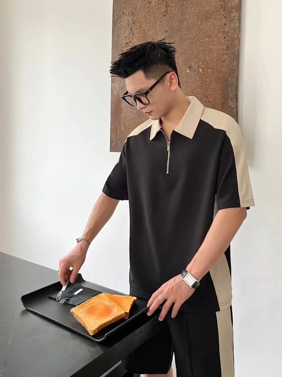 

​New Arrival Men's Polo Shirt and Shorts Set Short Sleeve T Shirt Color Block Design Casual Business Outfit​