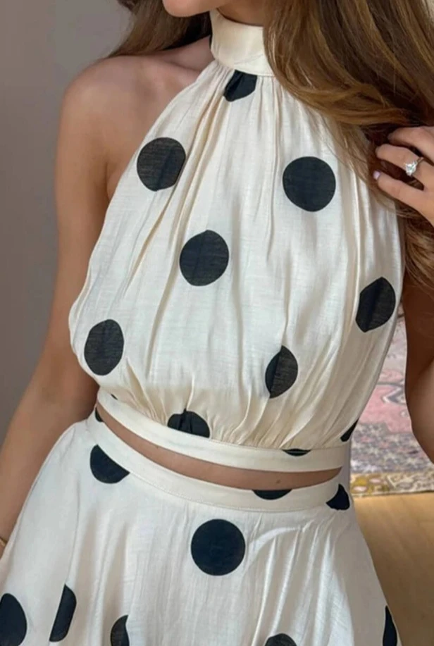 2025 New Polka Dot Print Hanging Neck Sleeveless Top Cake Skirt Set