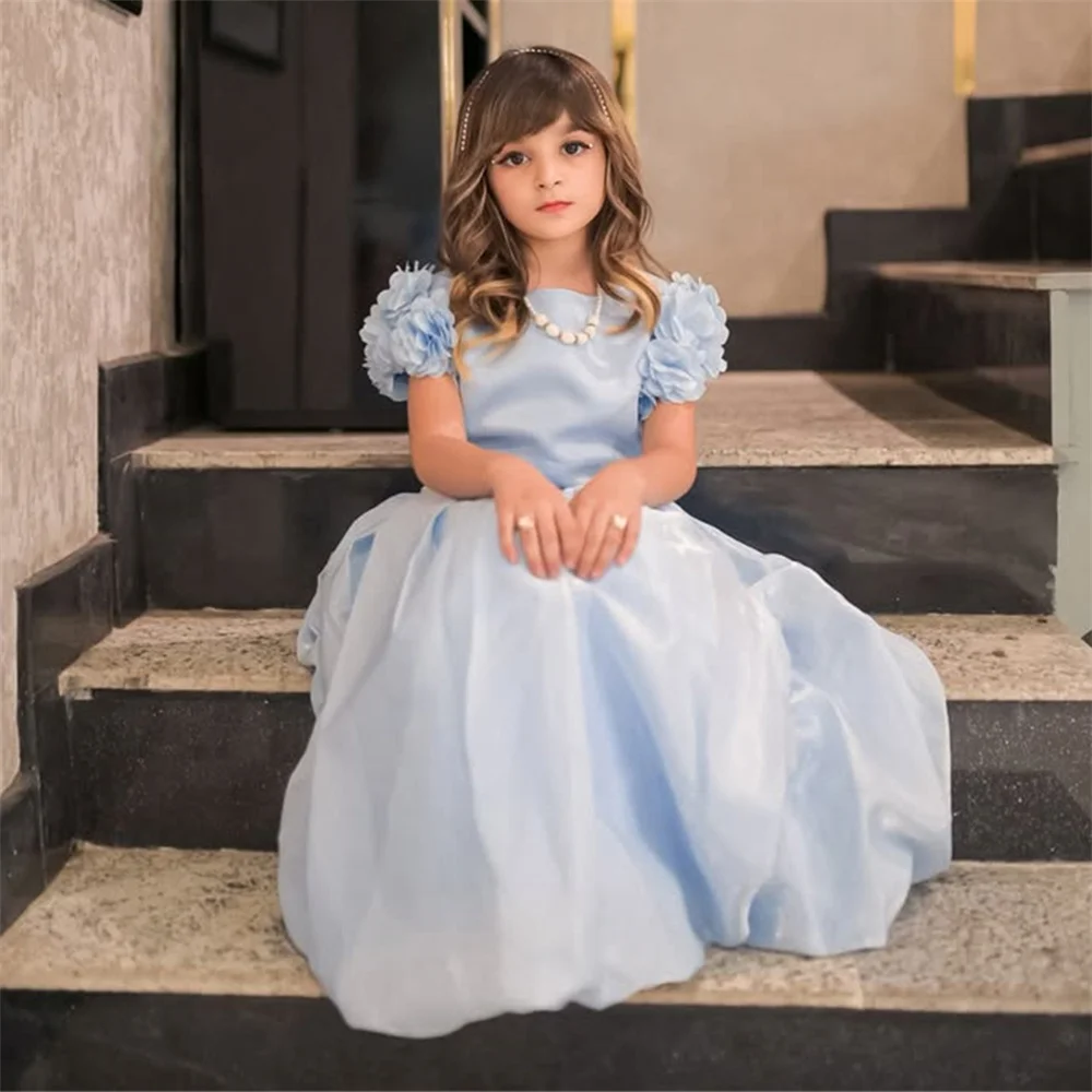

Pleat Simple O Neck Short Sleeve A Line Formal Flower Girl Dress Floor Length Elegant Classic First Communion Gown Customized