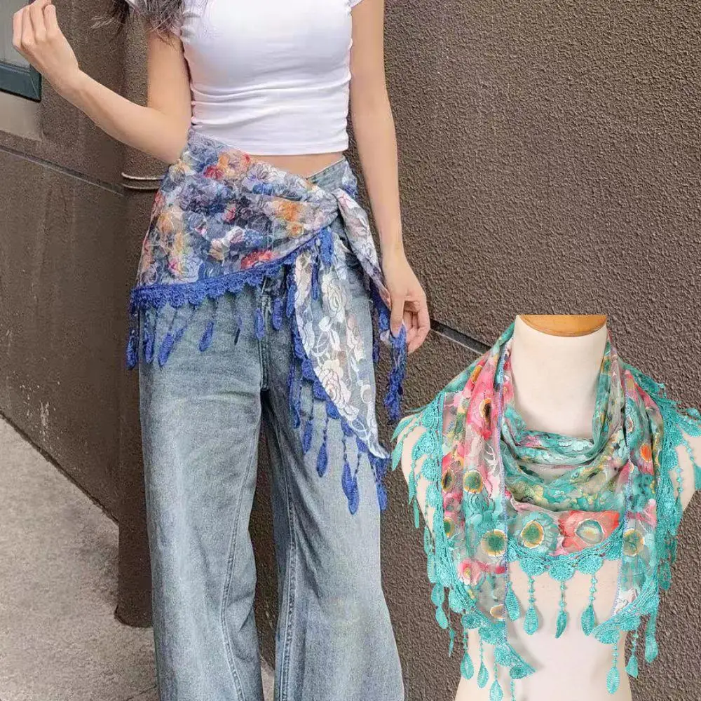 

Кружевная юбка, занавеска, пояс с цветочным треугольным шарфом, шаль с кисточками, женские классические прозрачные дышащие шарфы, солнцезащитный крем