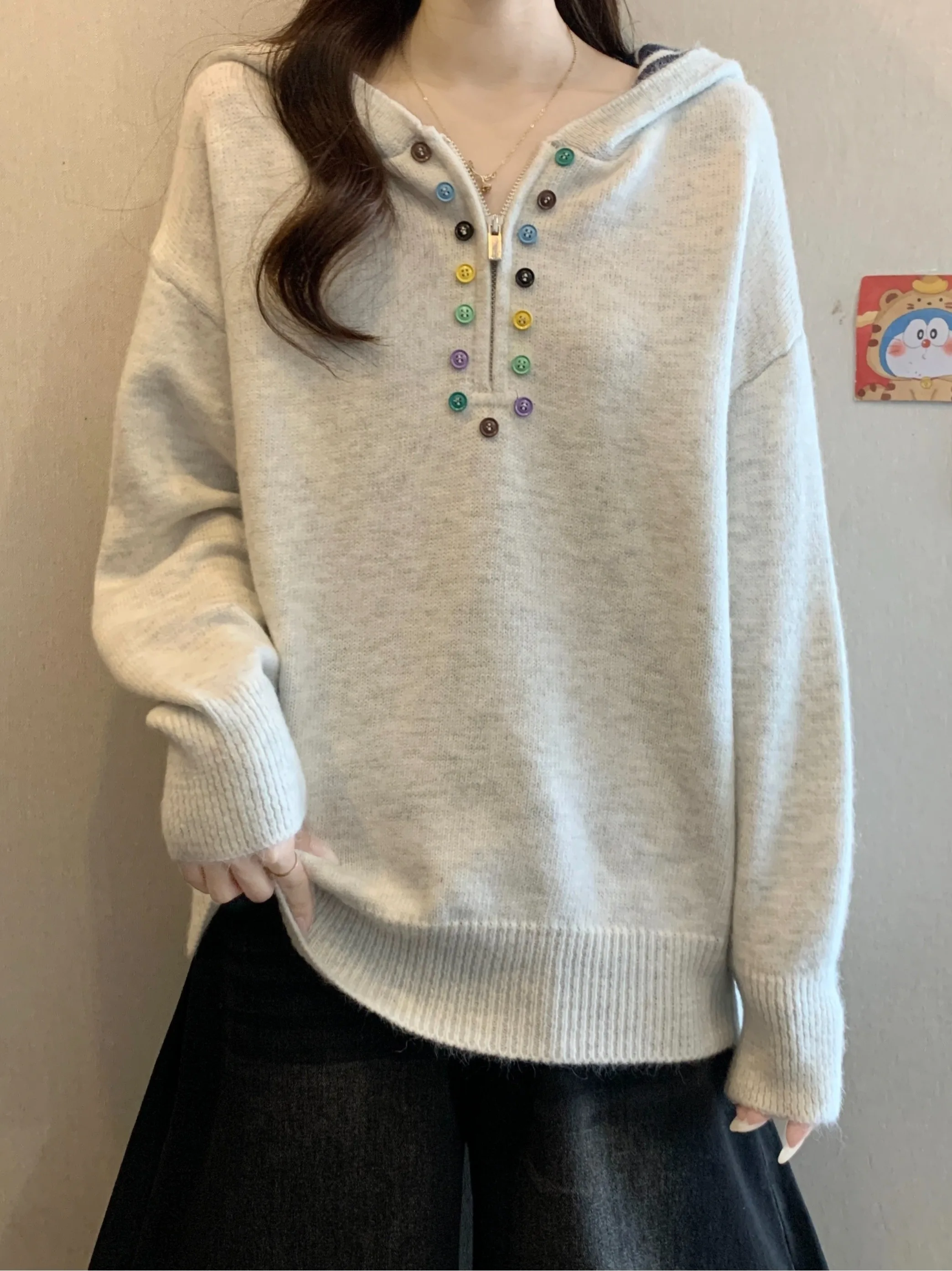 

Unique Hooded Long Sve f Zip Knitwear Jaet plus Size Women's Winter Faion Versatile Soft Wool Blend Casual Top