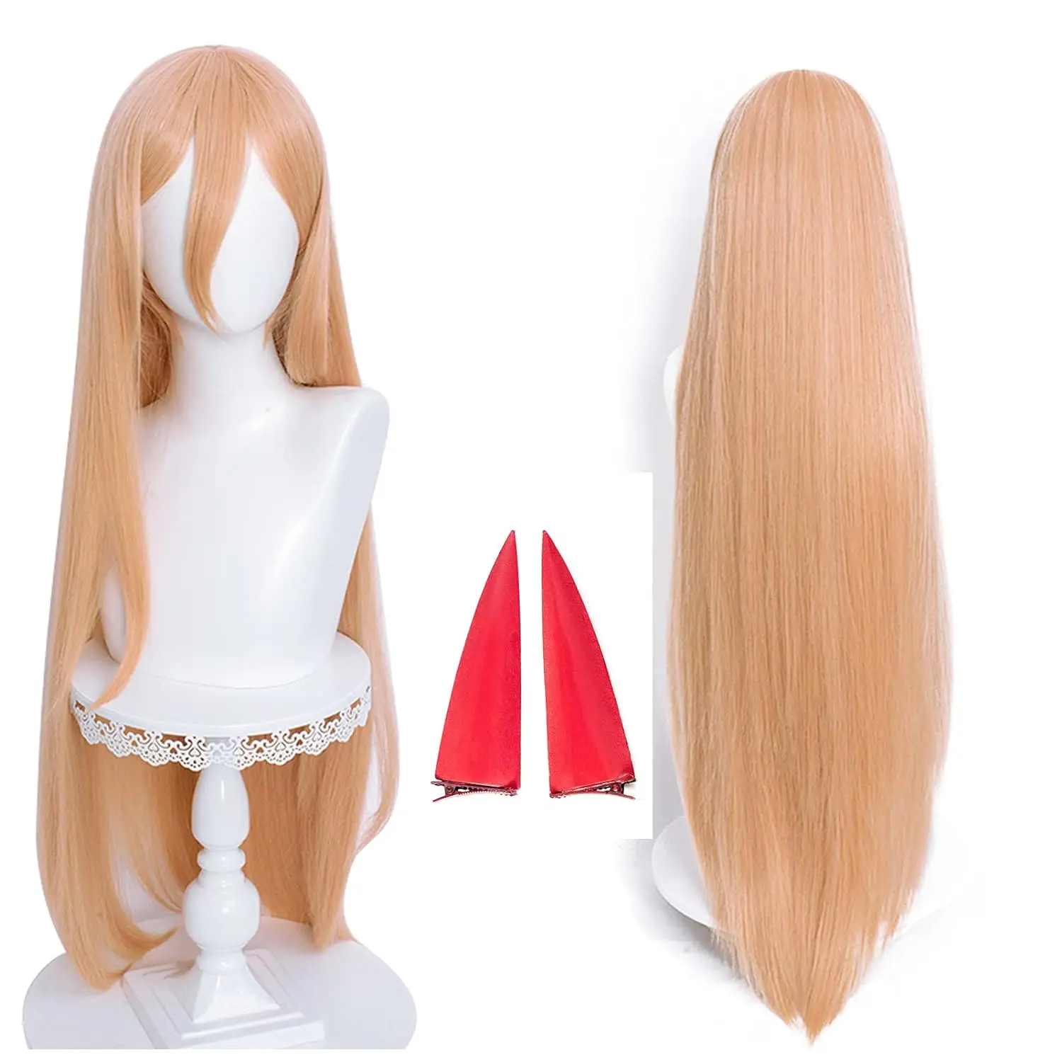 Power Wig with Horns for Chainsaw Man Cosplay Wig Long Straight Wig for Christmas Halloween Day Party Wigs