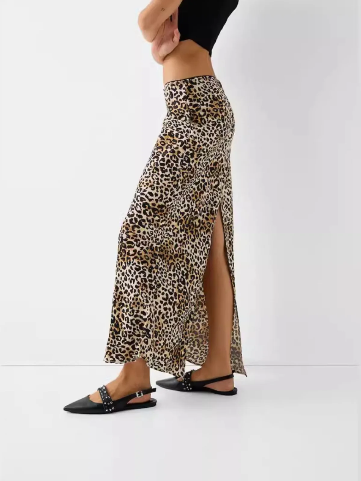 Lange splitrok met luipaardprint Casual veelzijdige midi-rok met hoge taille Koreaanse Sle Faionable damesrokken Polyestervezel