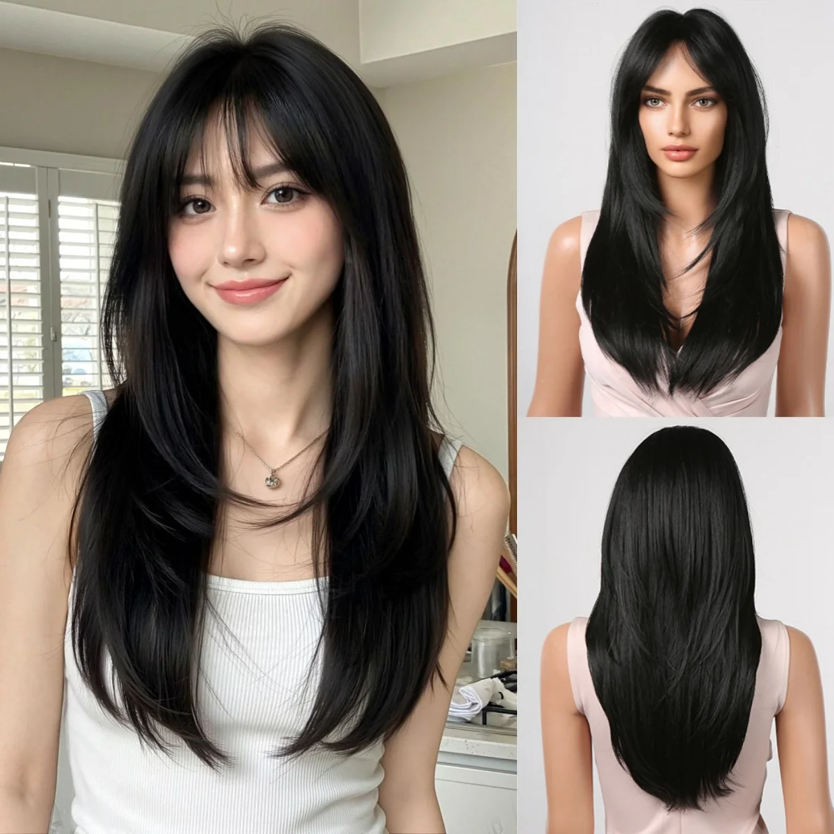 Women's Dark Brown Long Straight Synthetic Wig with Bangs
