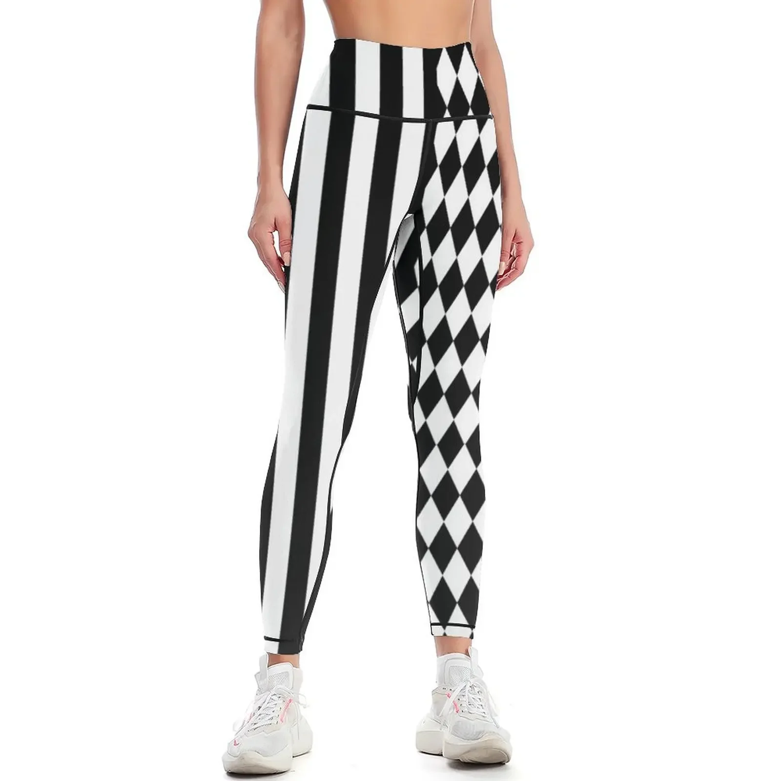 

Black and White Harlequin Diamonds and Stripes Leggings sports tennis for flared Pants sport Womens Leggings