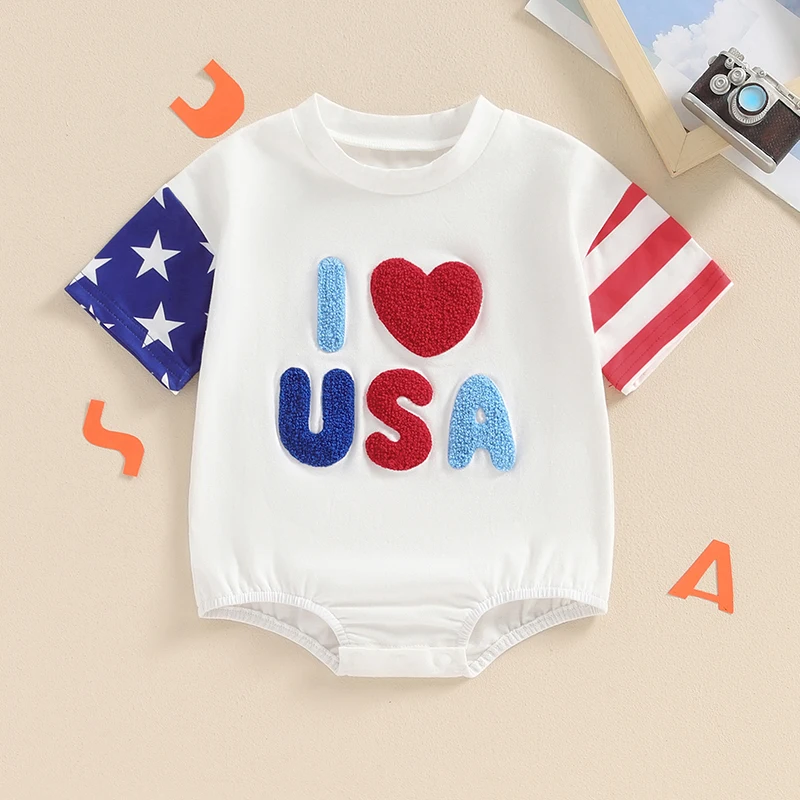 

Independence Day Baby Rompers for Newborn Boys and Girls with Patriotic American Flag Design Soft Cotton Short Sleeve