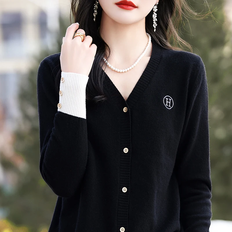 

Spring Autumn Fashion Cuff Women's Sweater Cardigan 100% Merino Wool Letter V-neck Knitted Long Sleeve Cardigan 2024 New Sweater