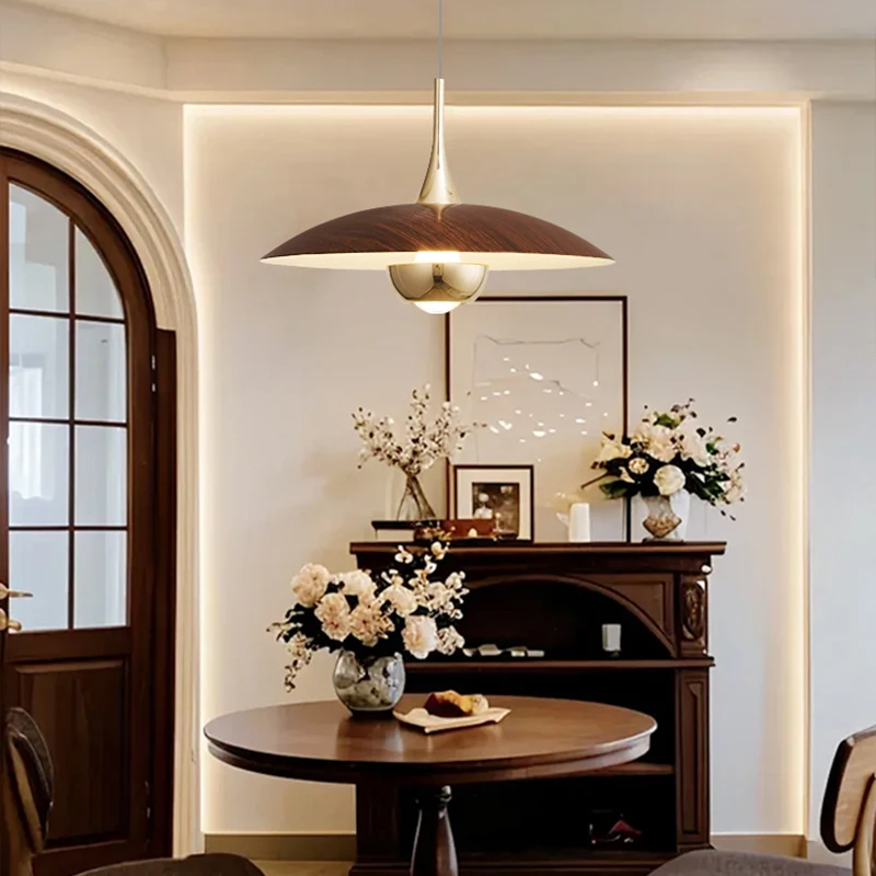 Bedroom Pendant Light Antique Style Walnut Wood Grain Dining Table Bar Lighting Retro High-end Adjustable Dining Room LED Light