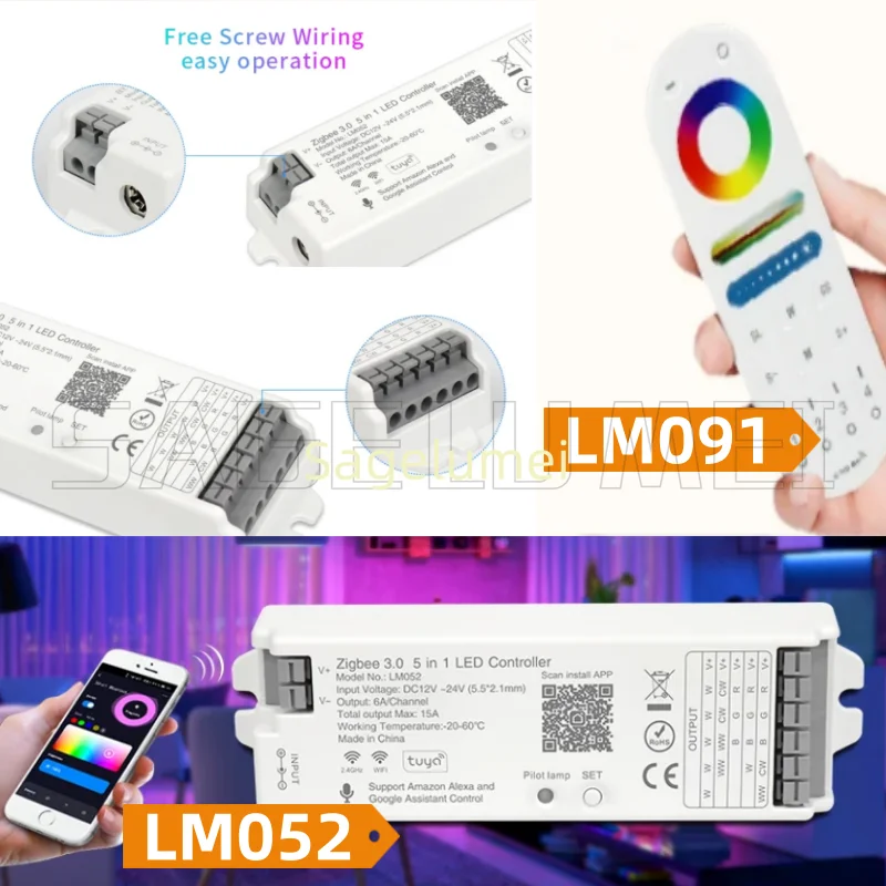 

LM091 Zigbee3.0 LM052 5 in1 Tuya LED Controller Support Dimming CCT RGBW RGB RGBCCT PWM LED strip Compatible with Echo Plus Echo