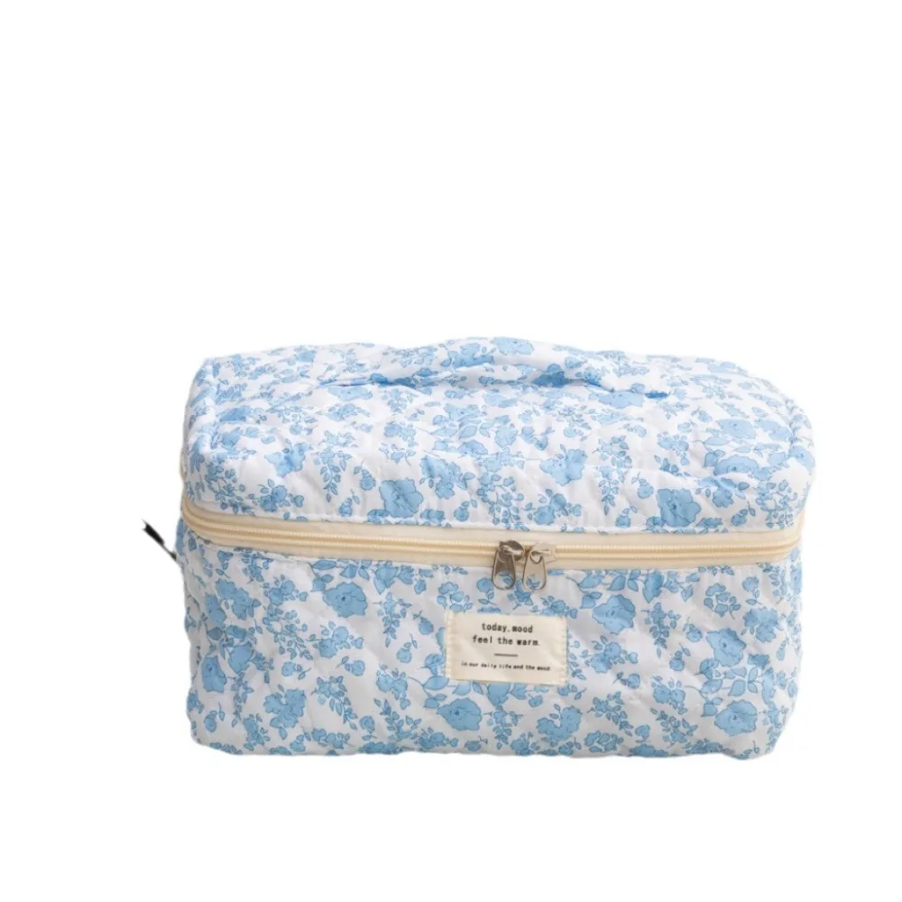 Large Capacity Quilting Cotton Makeup Bag Cloth Handbag Flower Printed Floral Cosmetic Bag Puffy Quilted Soft