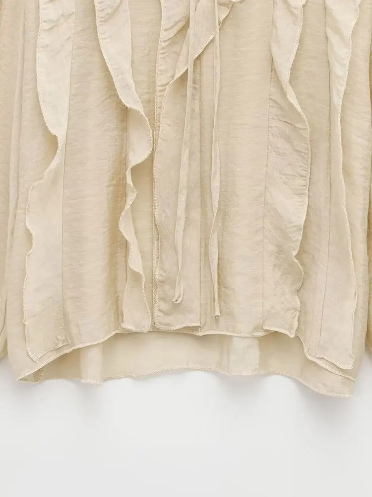 Moda donna con camicette arricciate legate con scollo a V, maniche lunghe, camicie da donna, top chic