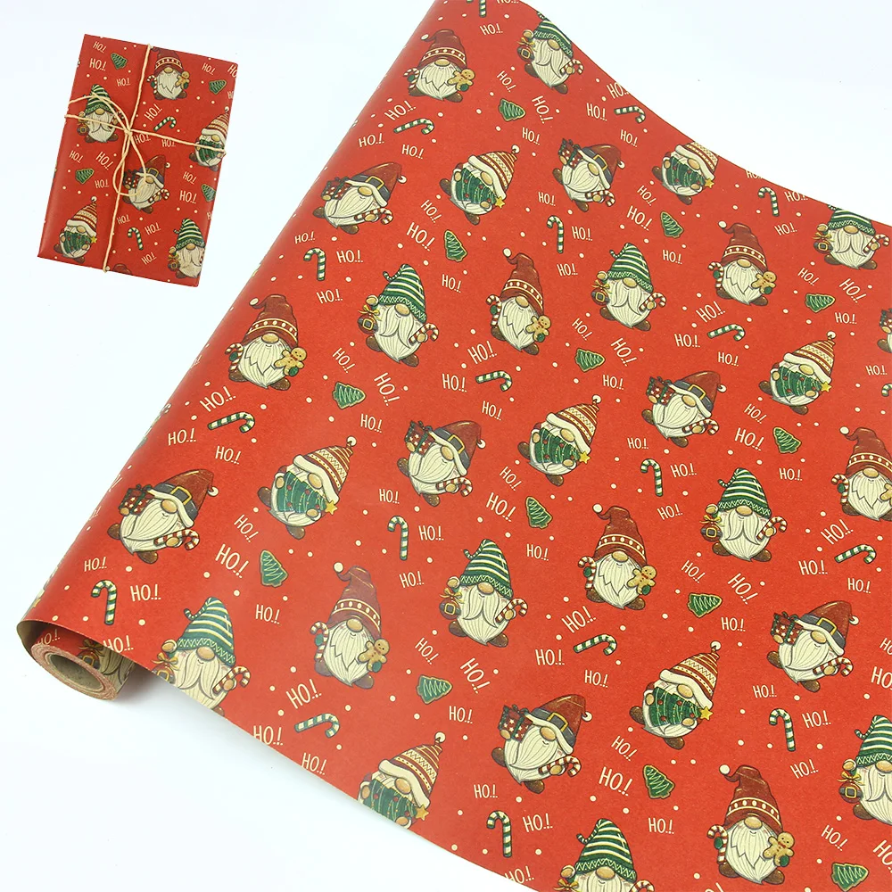 1 Roll Christmas Wrapping Paper 17 Inch × 32.8 Ft Per Roll, Red Kraft Gnome Xmas Wrapping Paper Roll for Christmas Gift Box