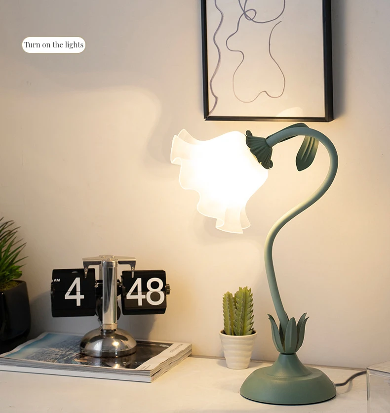 Lámpara de mesita de noche Vintage E27LED, iluminación de dirección ajustable, lámpara de flores, decoración de sala de estar, color verde