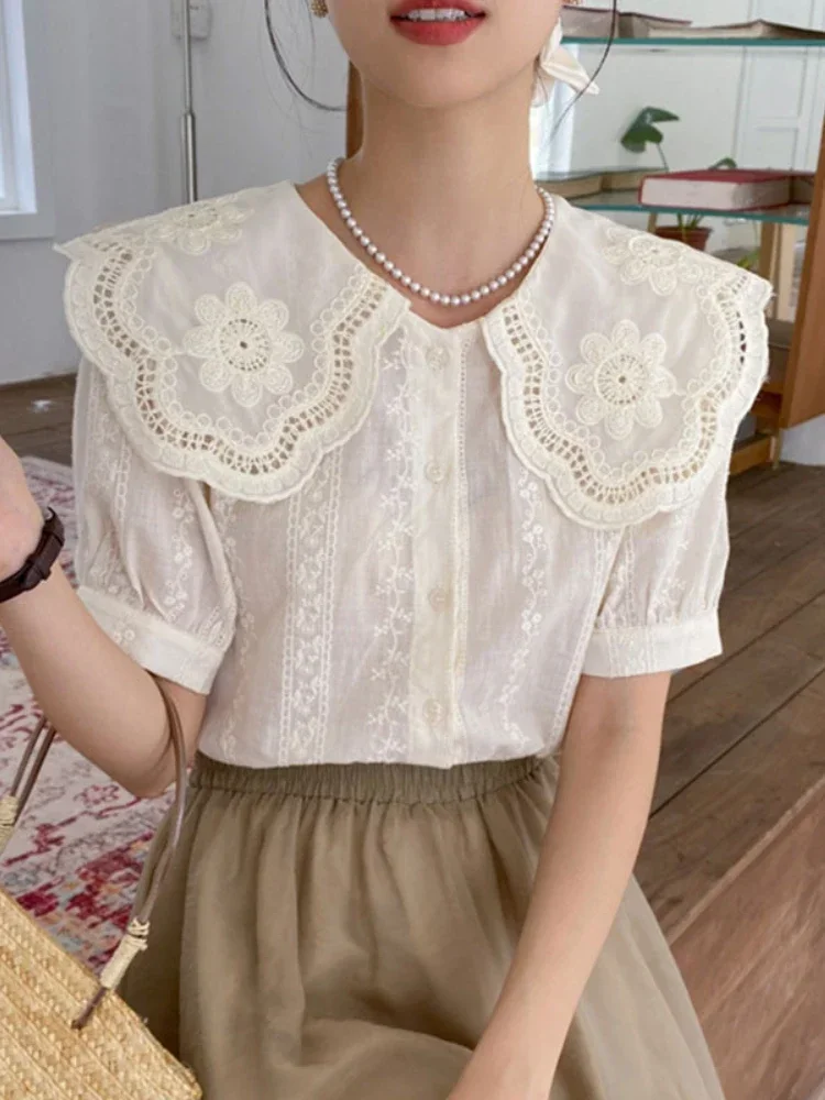 Gaganight Women Korean Chic Doll Collar Embroidered Hook Flower Blouse French Single breasted Puff Sleeve Shirt Female Top