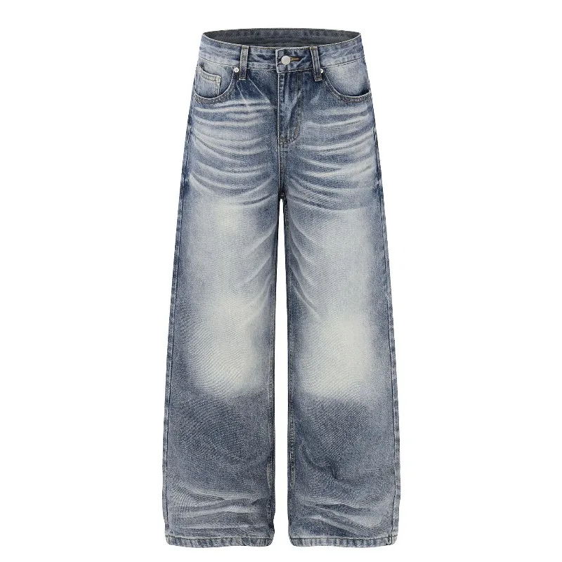Men Vintage Washed Baggy Wide Leg Jeans Cat Whisker Fade High Street Oversized Loose Denim Pants Unisex Streetwear Trousers