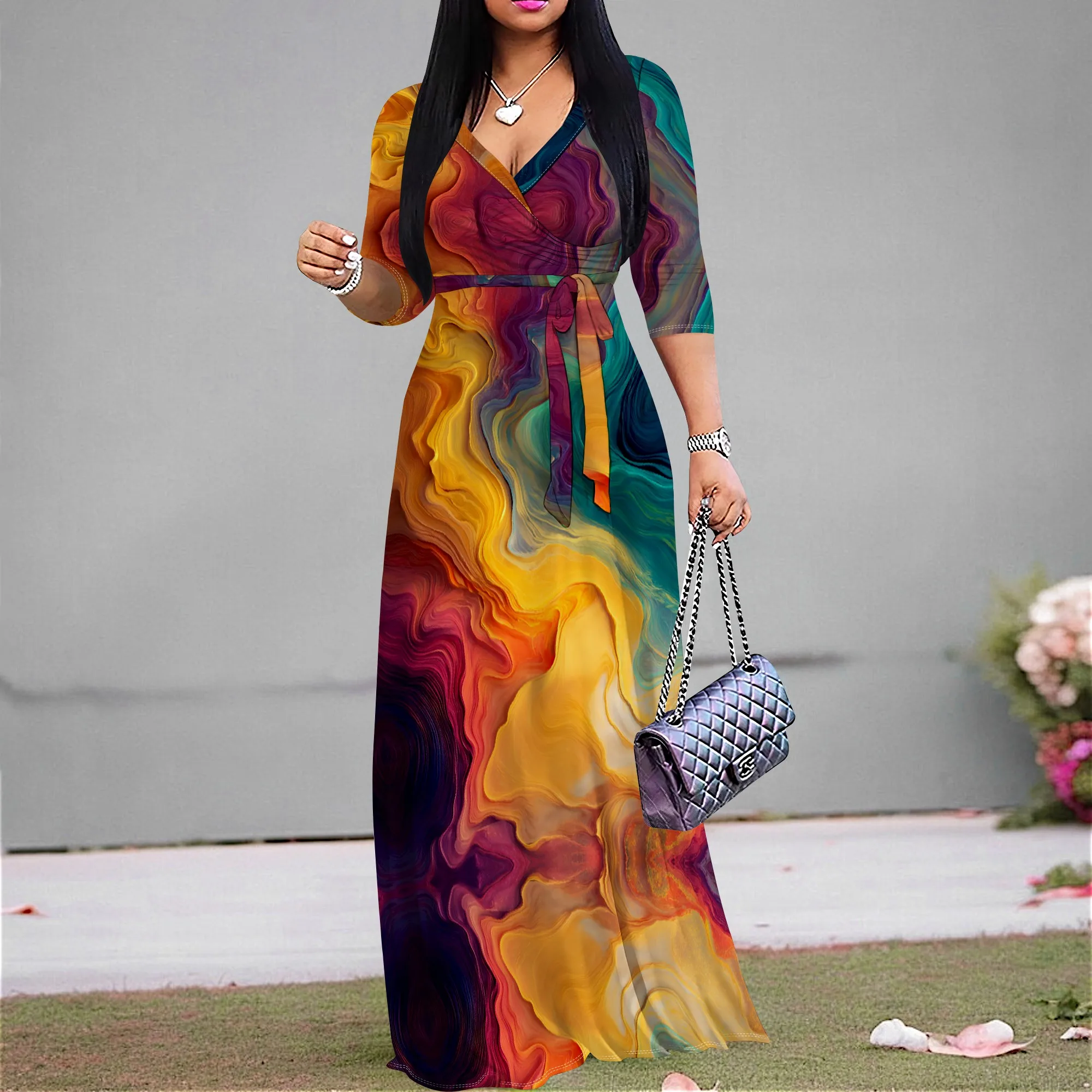 

Orange Red Fluid Marble Print Maxi Dress S‑3XL V‑Neck Wrap Style with Tie Waist & 3/4 Sleeves for Party, Art Show or Wedding