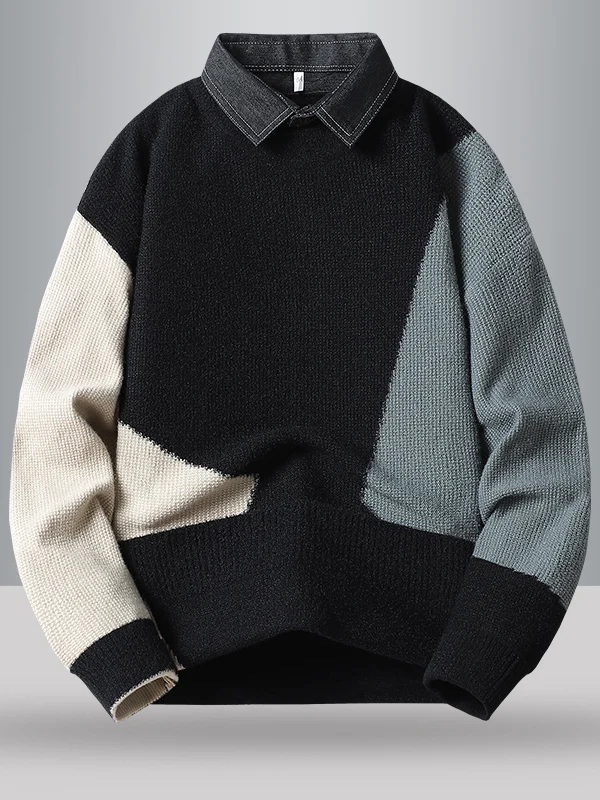 

Мужской вязаный свитер-толстовка с эффектом двухслойности, воротником-стойкой и пэчворком, осенне-зимняя теплая повседневная верхняя одежда