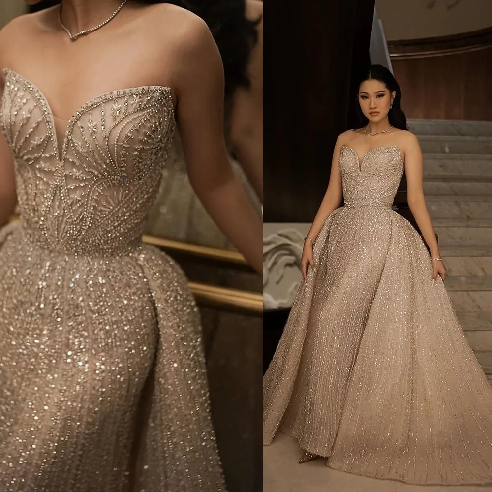 

Sparkly Wedding Dress For Woman Bride Sweetheart Sleeveless Appliques Sequins Detachable Train Vestidos De Casamento Customized
