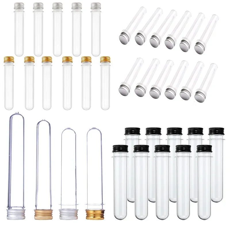 30pcs 30-100ml Empty Refillable Clear Plastic Test Tubes with Screw Aluminum Caps for Scientific Experiments Party Candy Storage