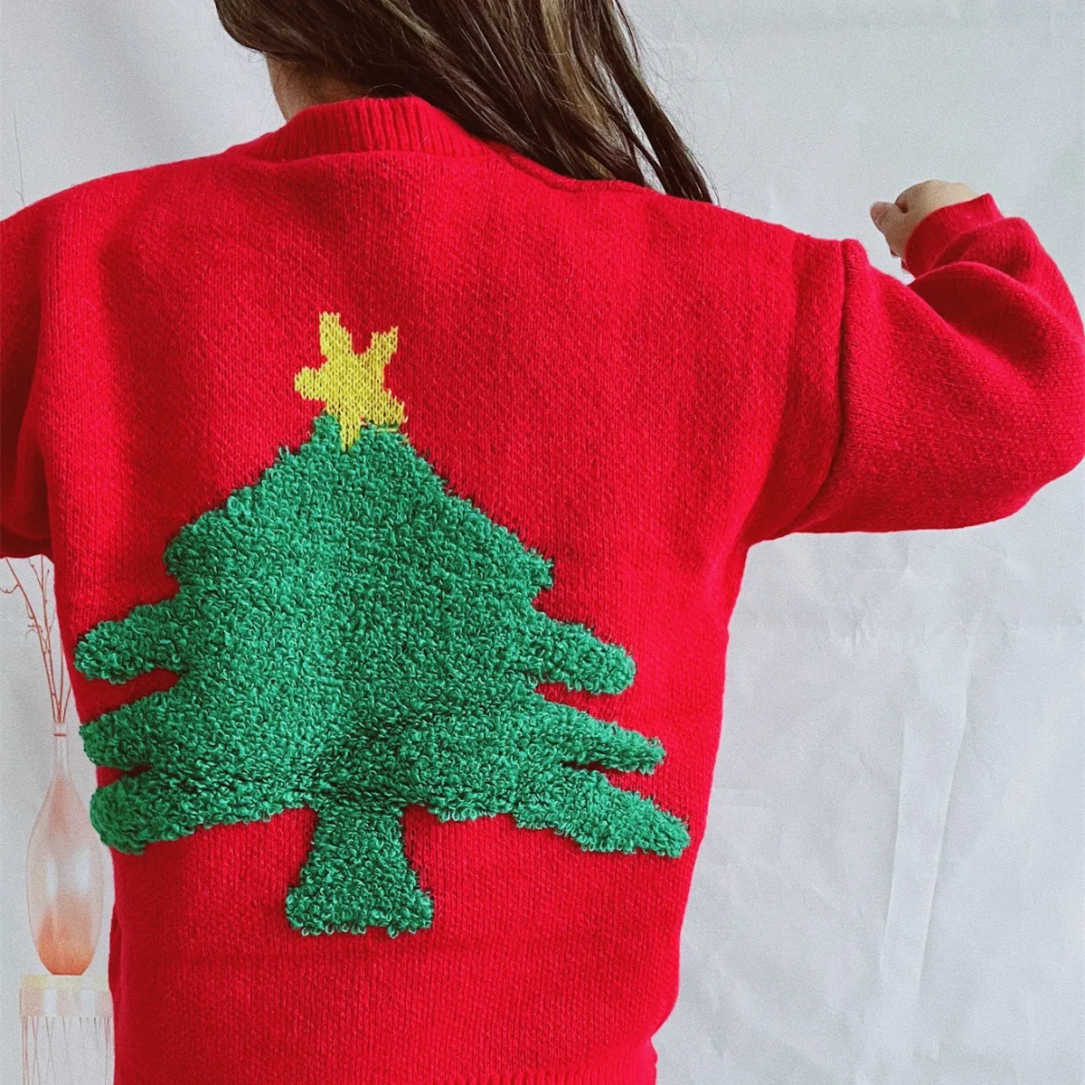 2023 Autumn/Winter New Round Neck Long Sleeve Letter Tree Jacquard Knitted Christmas Sweater Pullover