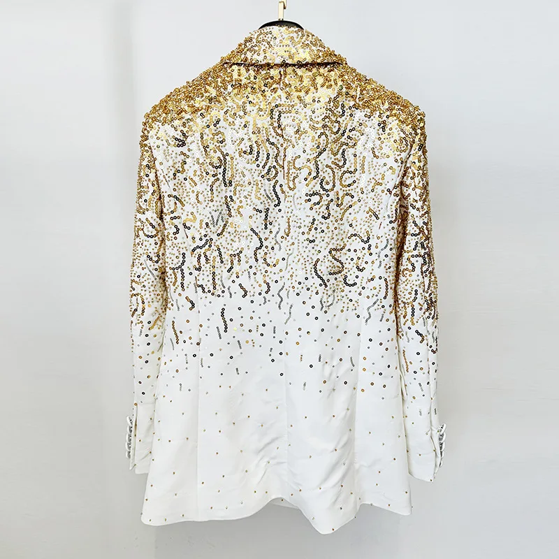 PB 2024 Autumn Fall Women Casual V Neck White Jacket Bling Bling Handmade Sequins Diamonds Double Breasted Long Sleeve Blazer