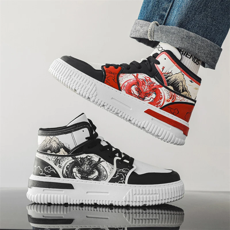 Chinese Style Men's High-Top Skateboard Shoes Fashion Dragon Printed Women Platform Sneakers Comfortable New Casual Sneakers Men