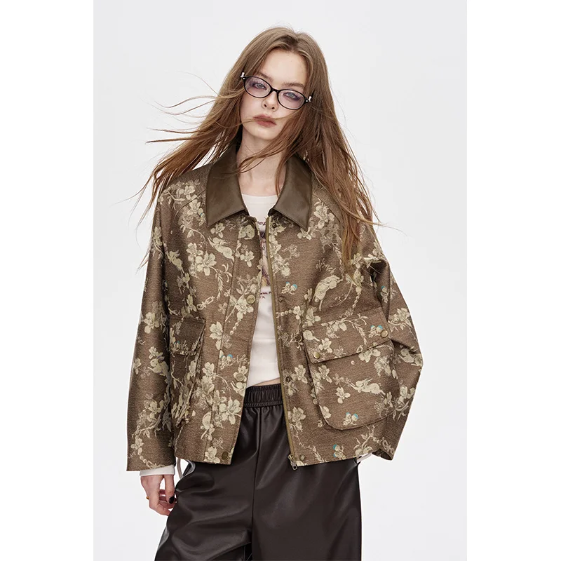 ELFSACK 2025 otoño nuevas llegadas Casual Vintage estampado Floral cuero cuello Patchwork chaqueta abrigo para mujer