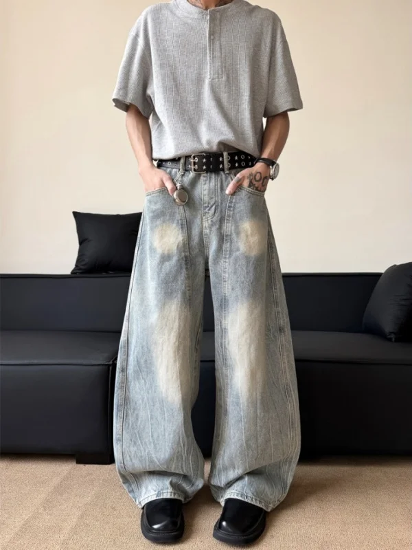 Jean en Denim rétro américain pour hommes, ample, jambes larges, droit, longueur au sol, pantalon tendance, Design au couteau, Sensation