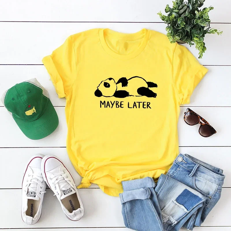 

Summer Sleep Panda Print Short Sleeve T Shirts Women Indie Solid Colors O Neck Tops 2021 New Fashion Y2k Loose Casual Tees Pink
