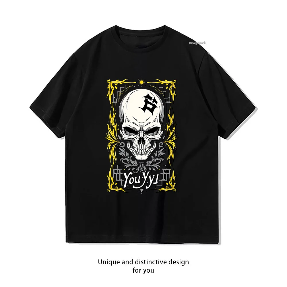 Skull Flames Gothic Design T-Shirt Print  Casual Cotton Short Sleeve Tee for Men Women