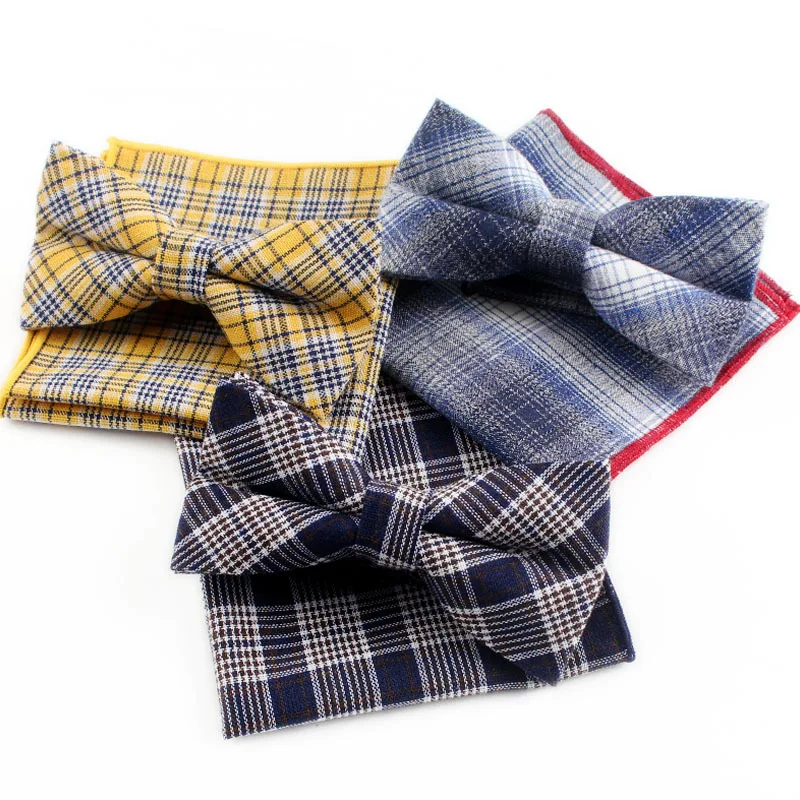 Cotton Plaid Series Pocket Square Bow Ties Sets Leisure Leisure Suit Accessory for Man Women Business Formal Party Hanky Bowtie