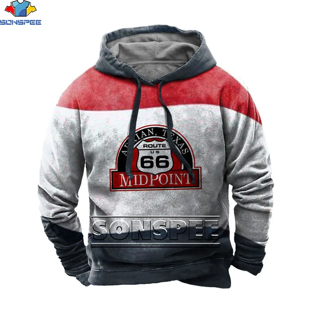 SONSPEE Hoodie Cetak 3D Sweter Musim Dingin 2023 Pria Atasan Pria Bertudung Antik Grafis Route 66 Baju Longgar Jalanan