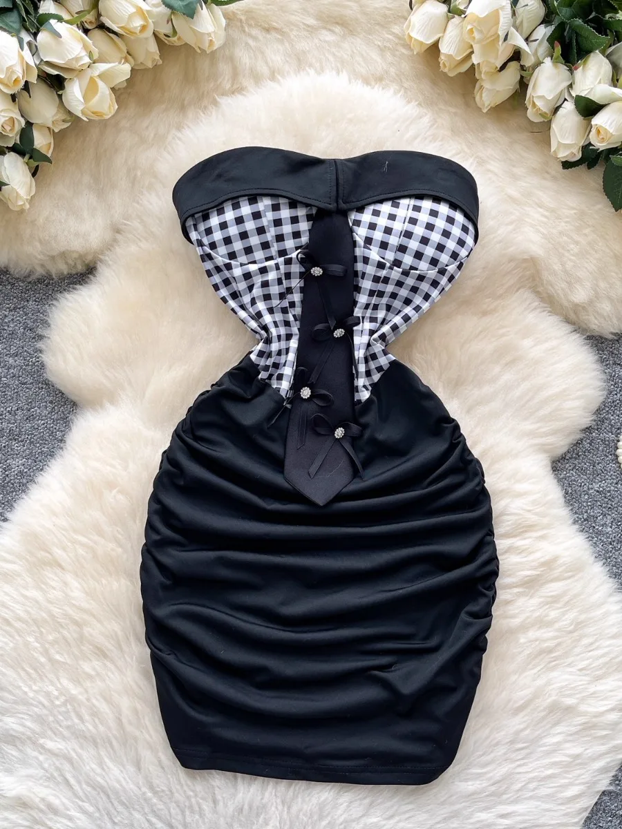 فوملينا دوبامين منقوشة بدون حمالات فستان أنبوبي المرأة الصيف ربطة القوس فيونكة المرقعة سليم صالح رغبة نقية Bodycon فستان قصير