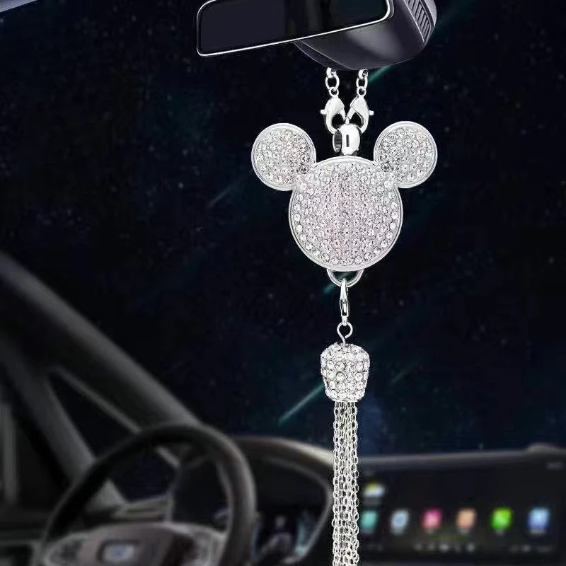 MINISO Hello Kitty Car Rearview Mirror Diamond Pendant Disney Mickey Kawaii Pendant Ladies Car Interior Decoration Pendant