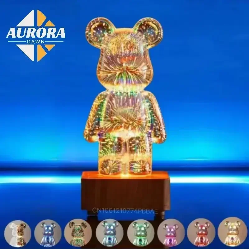 3D Fireworks Bear Night Light Desk Decoration USB Plug Led Table Lamp Korea Atmosphere Cute Colorful Home Decor Room Projection