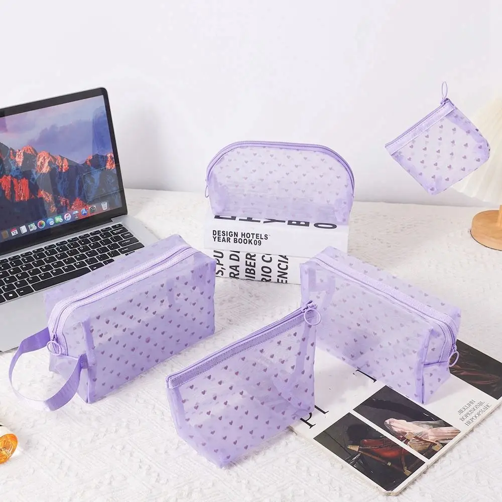 Heart Transparent Mesh Makeup Bag Multifunction Blue/Purple Women Cosmetic Storage Pouch Portable Ladies Toiletry Storage Bag