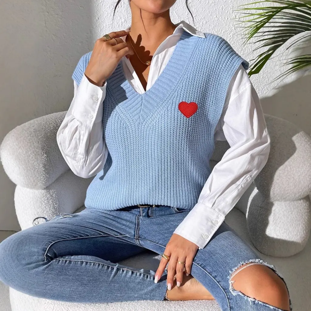レディース Vネック 刺繍入り ラブステッカー セーターベスト 欧米風 春秋 シンプルデザイン